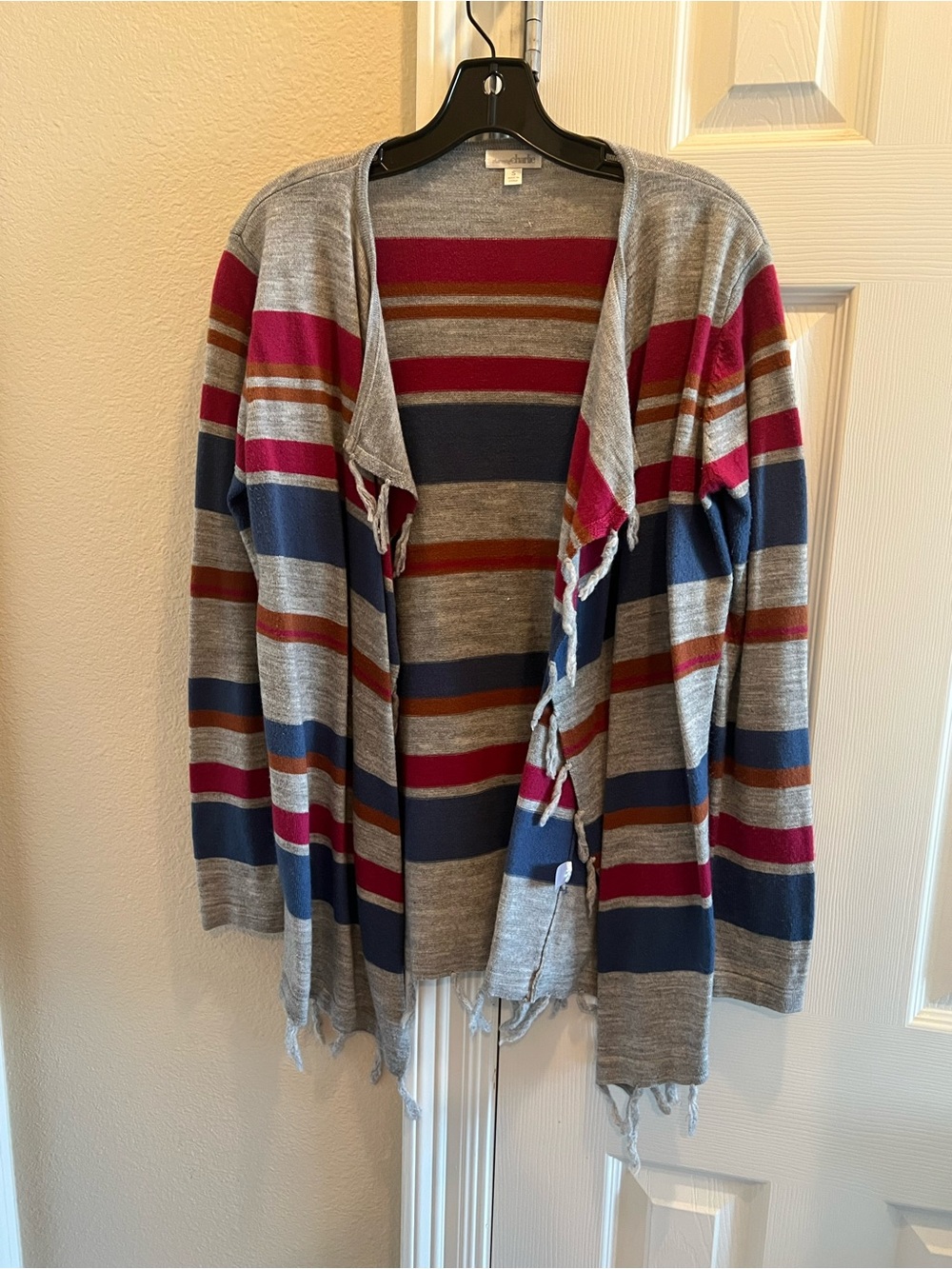 Charming Charlie Striped Open-Front Cardigan in Gray, Navy & Pink